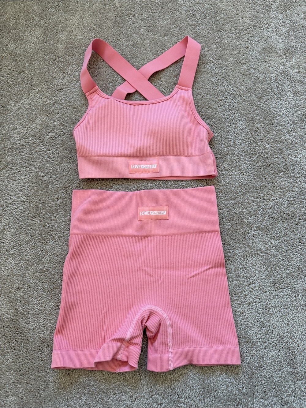 ‼️ Love Yourself Pink Ribbed Sports Bra & High-Waist Bike Shorts Set ‼️